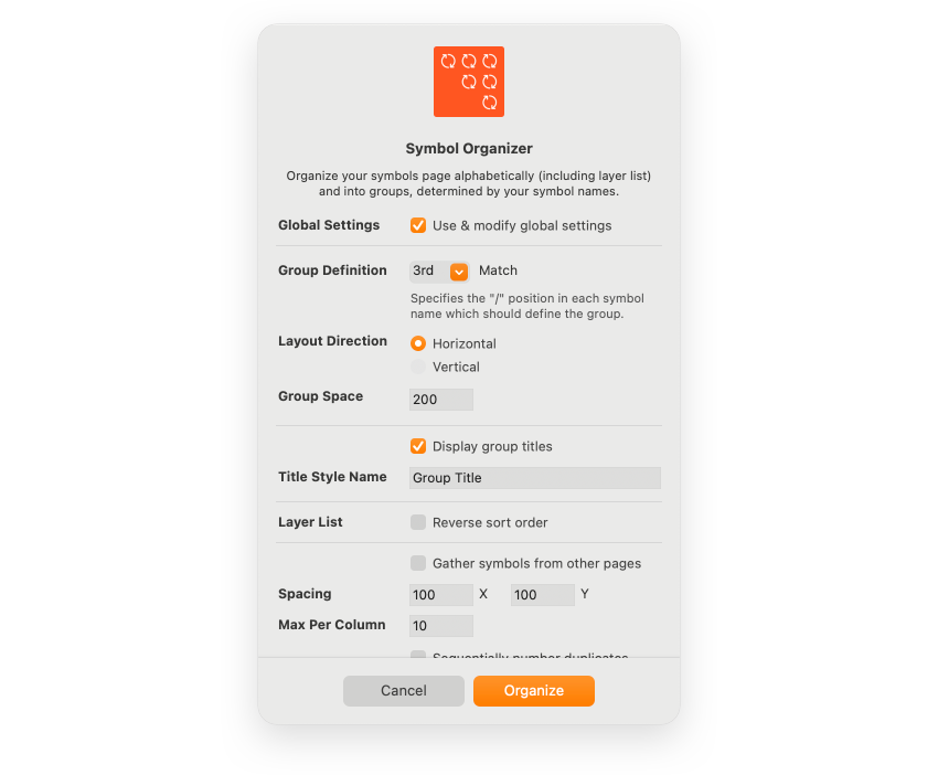 Symbol Organizer configuration